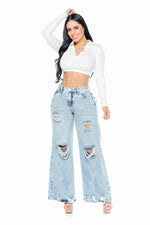 Feel That Vibe- Cargo Ripped Slouchy Jeans- Light Blue Wash